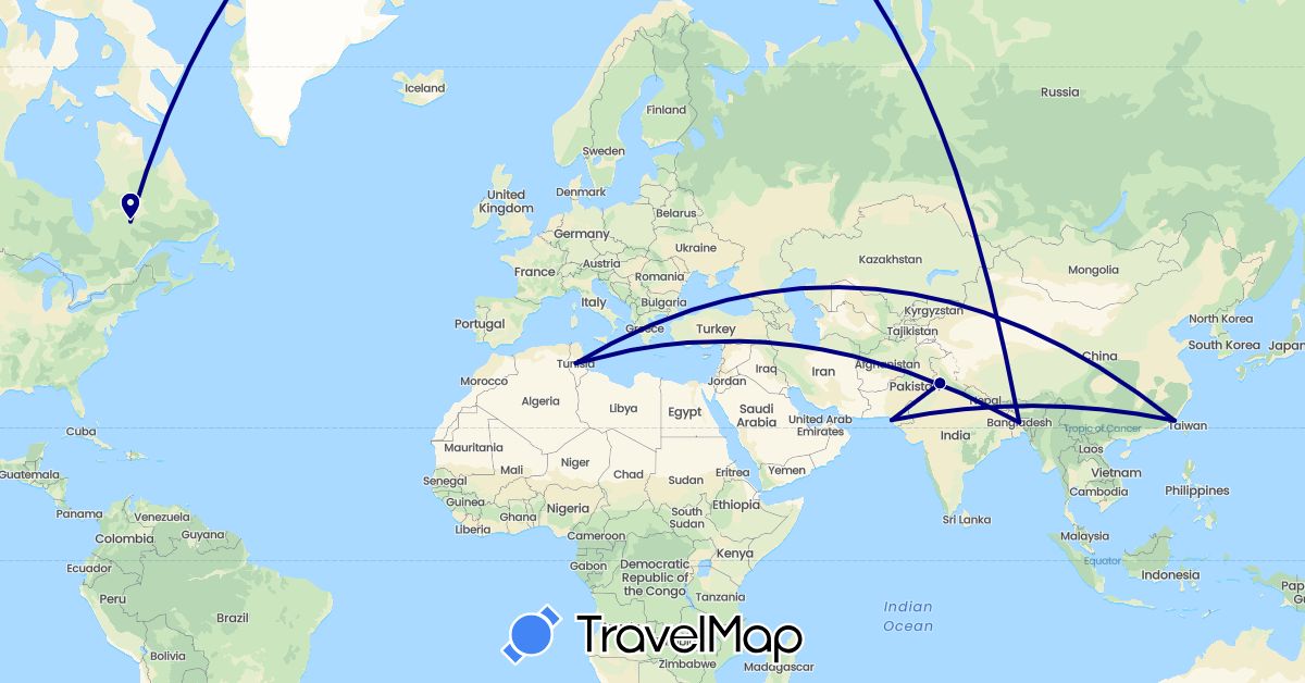TravelMap itinerary: driving in Bangladesh, Canada, China, India, Pakistan, Tunisia (Africa, Asia, North America)